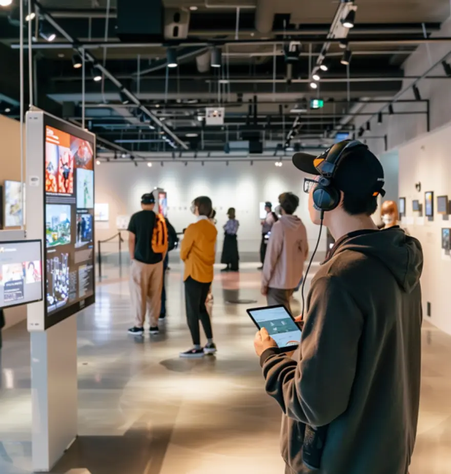 Visitors engaged in an interactive museum experience using an audioguide and mobile app, in a modern exhibition space.