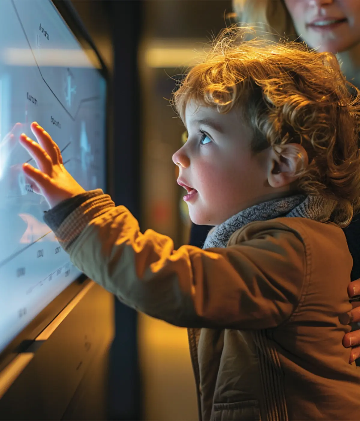 Child interacting with a touch terminal during an educational workshop in a museum, illustrating immersion and interactive learning.