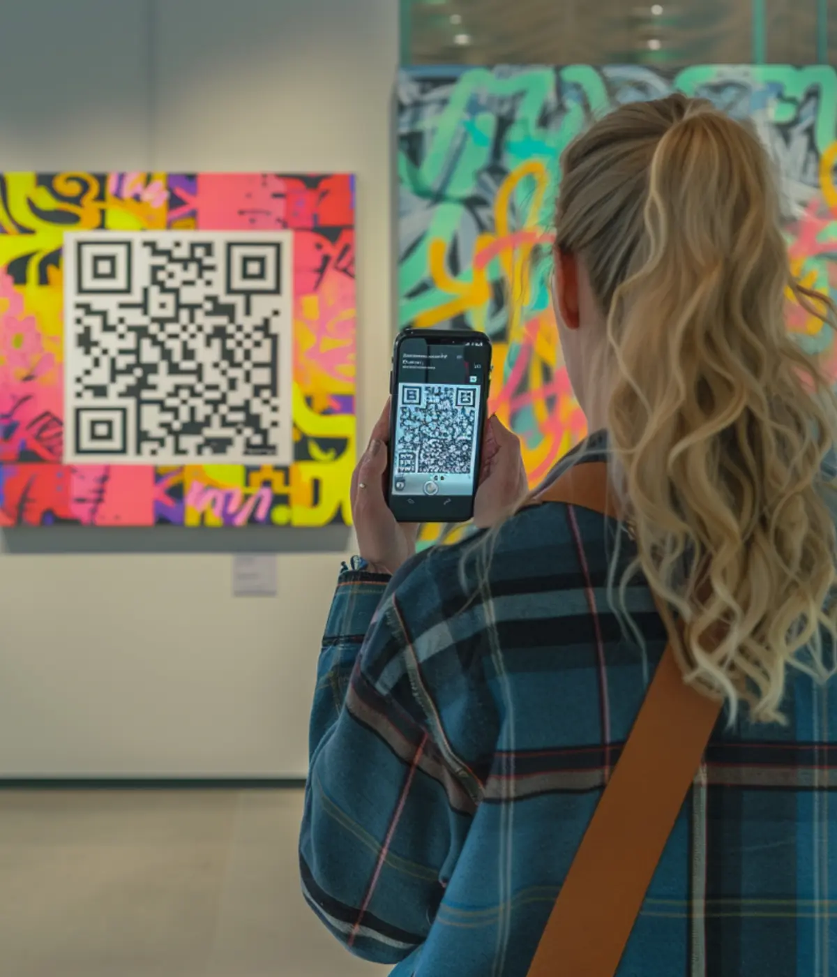 Visiteur de musée scannant un QR code dynamique contrôlable à distance pour une expérience culturelle enrichie.